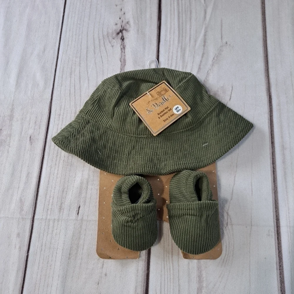 So Dorable Bucket Hat and Booties Set Green Corduroy Ribbed 0-6 Months UPF 50+